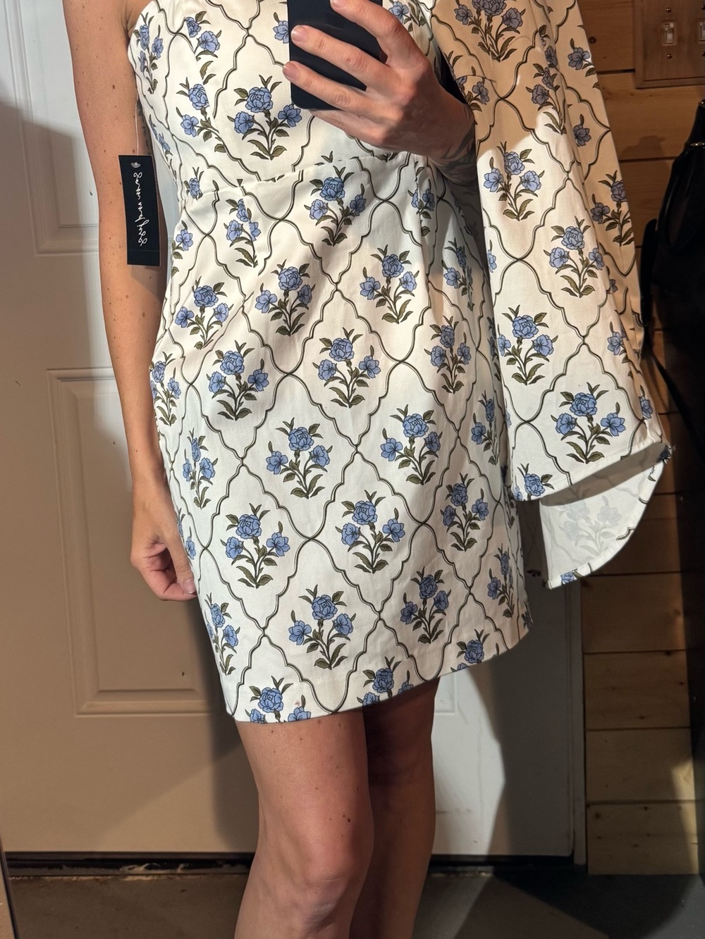 Floral Tile Print White and Blue Dress